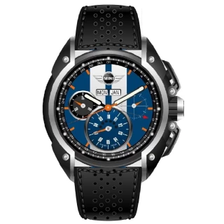 【MINI SWISS WATCHES】石英錶 45mm 藍底白條三眼計時 黑色真皮錶帶(藍色)