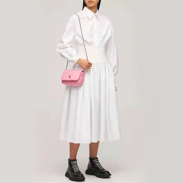 【米蘭精品】現貨+預購 連身裙長袖洋裝大尺碼長裙連衣裙A字裙休閒大碼女裝(高腰彈性收腰女裙子2色74ci33)