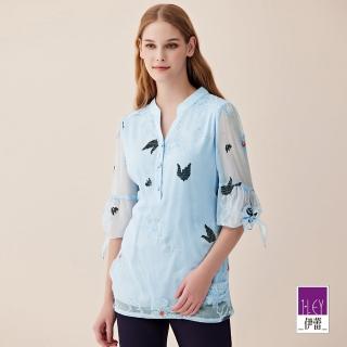 【ILEY 伊蕾】十字繡花卉綁帶手袖雪紡上衣(淺藍色；M-XL；1221011703)