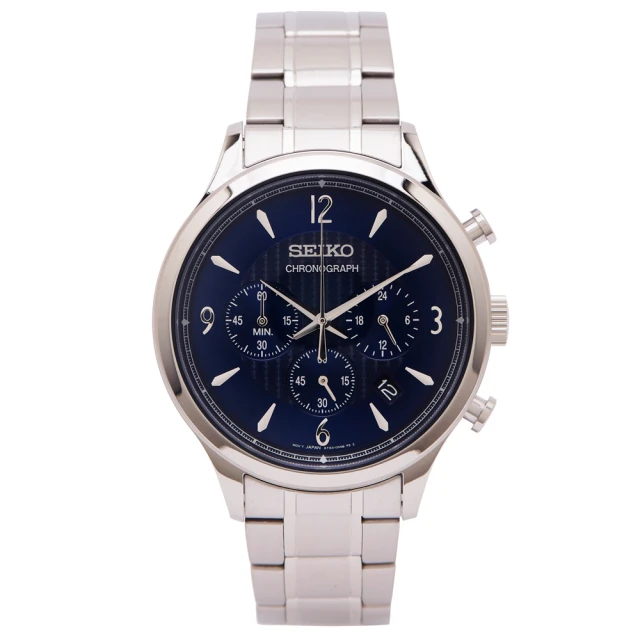 【SEIKO 精工】藍色時尚風三眼計時不鏽鋼錶帶手錶-藍面x銀色/42mm(SSB339P1)