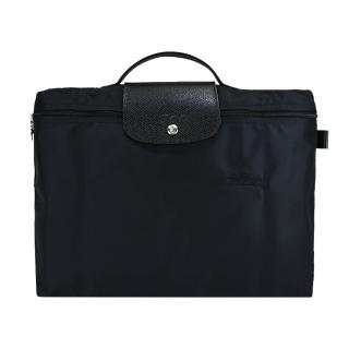 【LONGCHAMP】LE PLIAGE GREEN系列刺繡再生尼龍摺疊公事包(黑)