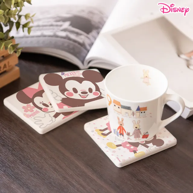 【SONA森那家居】Disney 迪士尼2019方形櫻花系列珪藻土杯墊2入組(10x10x0.9 米奇米妮/維尼/快乾吸水)