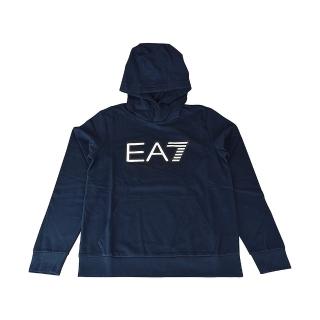 【EMPORIO ARMANI】EMPORIO ARMANI EA7白黑字LOGO字母純棉連帽T恤(男款/海軍藍)