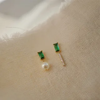 【my stere 我的時尚秘境】現貨-日系輕珠寶-祖母綠配珍珠不對稱耳環(輕珠寶 優雅氣質 不對稱)