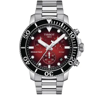 【TISSOT 天梭 官方授權】Seastar 1000海星300米潛水三眼計時錶-45.5mm/紅黑 禮物(T1204171142100)