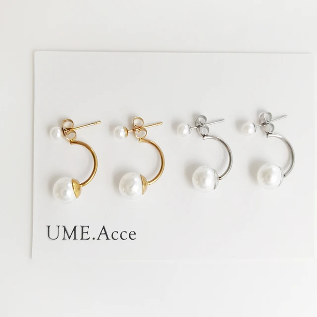 【UME.Acce】C型大小珍珠二戴式鈦鋼耳環(珍珠 耳環 珍珠耳環 C型耳環 鈦鋼 鈦鋼耳環)