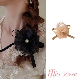 【MISS KOREA】珍珠髮圈 花朵髮圈/優雅氣質珍珠網紗花朵髮圈 髮繩(2色任選)