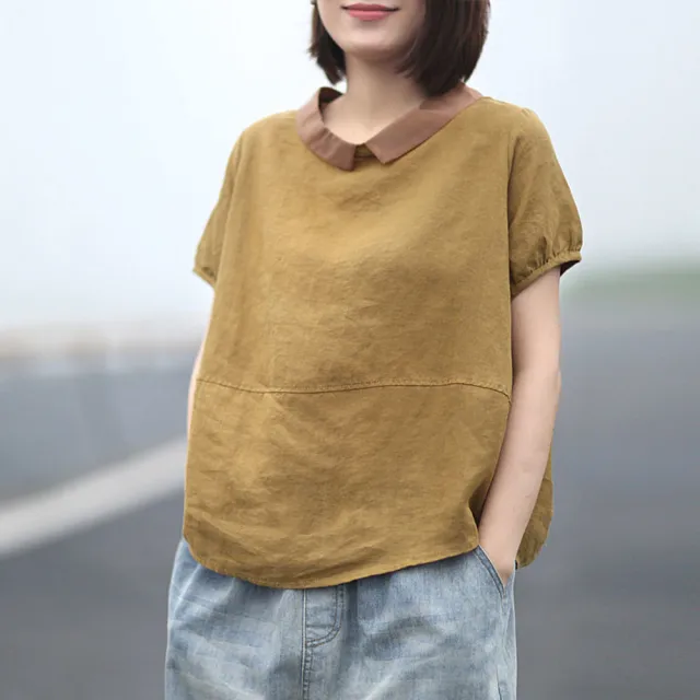 【ACheter】韓版率性拼接襯衫領寬鬆修身短袖棉麻上衣#113037(5色)