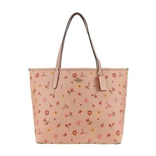 【COACH】立體馬車LOGO PVC花卉印花托特包(粉橘)