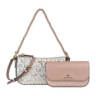 【Michael Kors】MK MICHAEL KORS JET SET金字LOGO拼色PVC滾邊牛皮4合1斜背子母包(芭蕾粉x香草白)