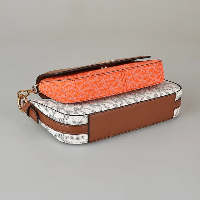 【Michael Kors】MK MICHAEL KORS JET SET金字LOGO拼色PVC滾邊牛皮4合1斜背子母包(香草白x橡子棕x柑橘)