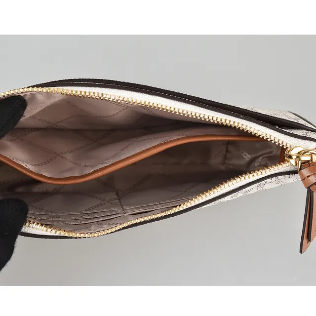 【Michael Kors】MK MICHAEL KORS JET SET金字LOGO拼色PVC滾邊牛皮4合1斜背子母包(香草白x橡子棕x柑橘)
