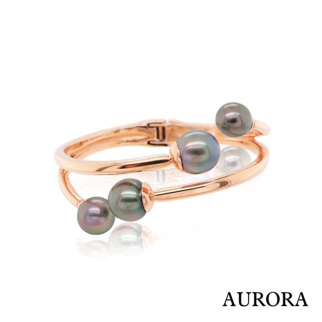 【AURORA 歐羅拉】天然南洋黑珍珠不鏽鋼手鐲手環(玫瑰金色)