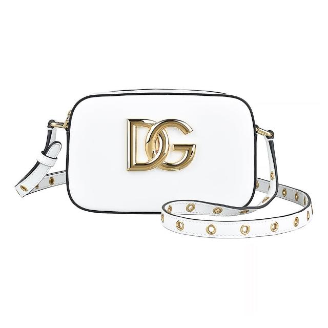 【DOLCE&GABBANA 杜嘉班納】DOLCE&GABBANA  3.5系列金屬LOGO小牛皮拉鍊斜背相機包(白)