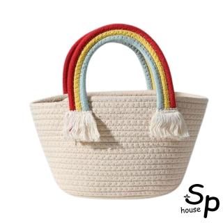 【Sp house】可愛彩虹雲朵手工棉線編織手提女用包(米色)