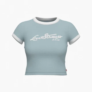 【LEVIS 官方旗艦】女款 復古滾邊短版T恤/修身版型/草寫Logo刺繡布章 湖水藍 熱賣單品 A3523-0008