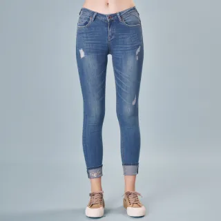 【5th STREET】女貓窄管反折褲-中古藍