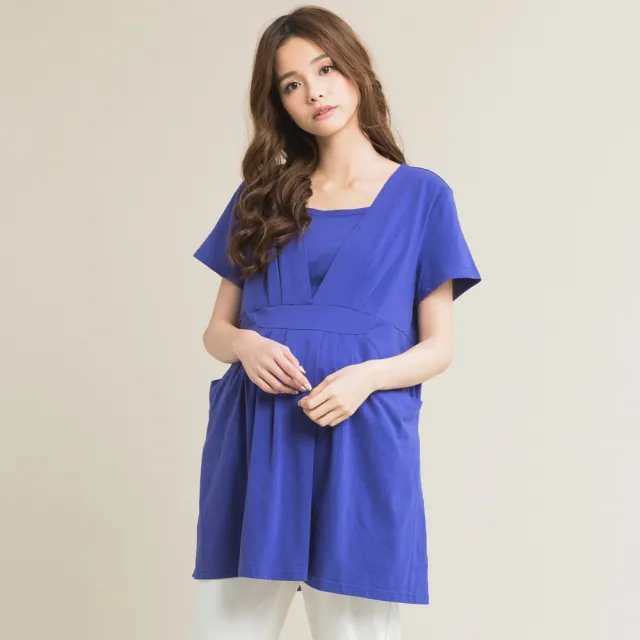 【Gennies 奇妮】V開襟長版哺乳上衣-桃紅/灰/黑/棕/紫(哺乳衣 短袖哺乳衣 下拉哺乳)