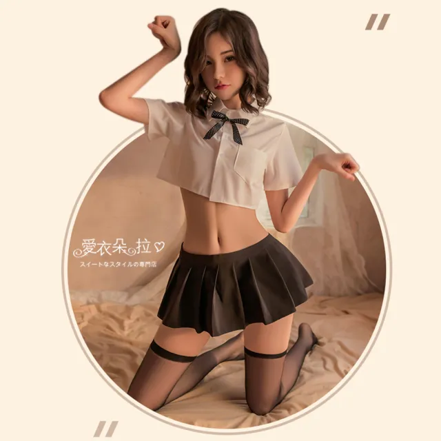 【愛衣朵拉】高校制服 日系性感學生服 短版白襯衫黑百摺裙(情趣角色扮演 情人節禮物)