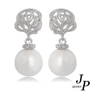 【Jpqueen】華麗登場貝珍珠花朵閃亮鋯石耳環(白金色)