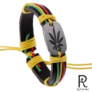 【RJ New York】黃綠撞色葉片金屬蠟繩真牛皮手環手鍊(黑色)