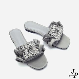 【JP Queen New York】低調抓皺綢緞方形水鑽平底拖鞋(3色可選)