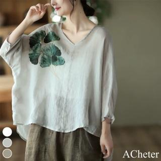 【ACheter】水墨花蝙蝠七分袖V領麻紗寬鬆中長版寬版上衣#113138現貨+預購(3色)