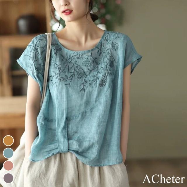 【ACheter】冰玉繡花下結麻紗寬鬆上衣#113139現貨+預購(4色)