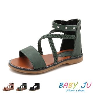 【BABY Ju 寶貝啾】兒童韓版鉚釘時尚少女風羅馬鞋 童鞋(現+預 綠色 / 粉色 / 黑色)