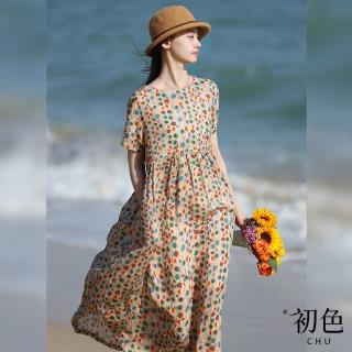 【初色】繽紛碎花圓領收腰寬鬆短袖連衣裙洋裝-圓點-62666(M-2XL可選)