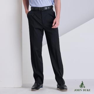 【JOHN DUKE 約翰公爵】優雅細直條紋彈力打摺西裝褲 黑色(70-2B9702)