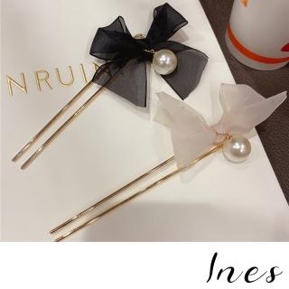 【INES】紗花髮簪 珍珠髮簪 蝴蝶結髮簪/浪漫紗花珍珠蝴蝶結造型髮簪 盤髮器(2色任選)