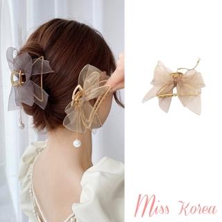 【MISS KOREA】蝴蝶結髮夾 珍珠髮夾/韓國設計浪漫雪紡紗花唯美蝴蝶結珍珠墜造型髮夾 馬尾夾(3色任選)