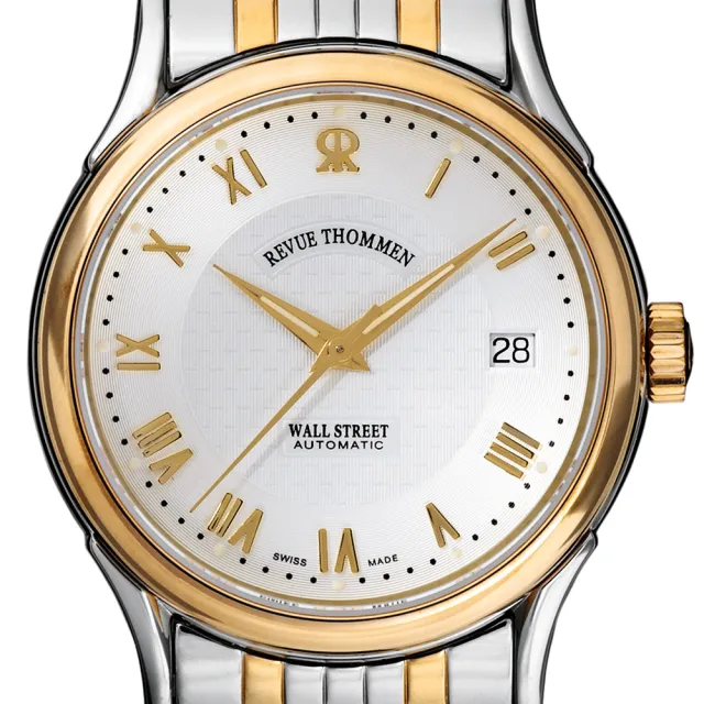 【REVUE THOMMEN 梭曼】華爾街系列 自動機械腕錶 銀面x間金鍊帶/37mm(20002.2142)