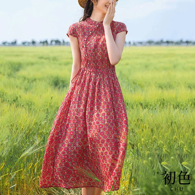 【初色】涼爽透氣盤扣棉麻風碎花印花短袖連衣裙洋裝-紅色-62737(M-2XL可選)