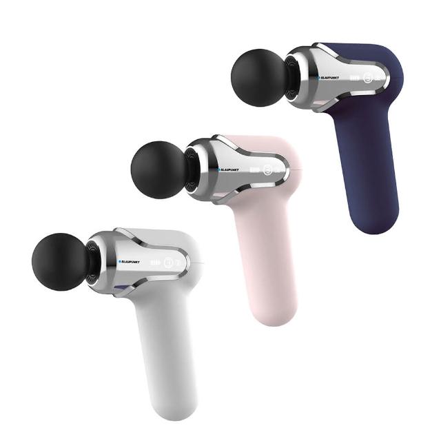  BLAUPUNKT藍寶 BPB-M11HU 粉紅色充電式按摩槍，採用ABS材質，尺寸10.6x5.2x16.9cm，重量僅387g，便於攜帶。提供6檔轉速1500-2900rpm，總功率20W，充電3.5小時續航3-7小時，適合日常肌肉放鬆。額定電壓7.4V，輸入5V 2A，產地中國大陸，BSMI許可字號xxxxxxxxxxxxx。 