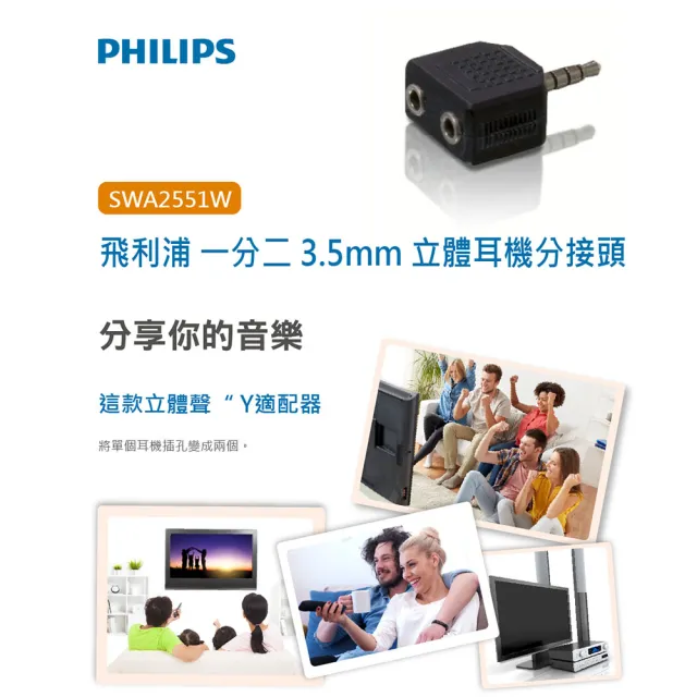 【Philips 飛利浦】2入組!!一分二 3.5mm 立體耳機分接頭(SWA2551W)