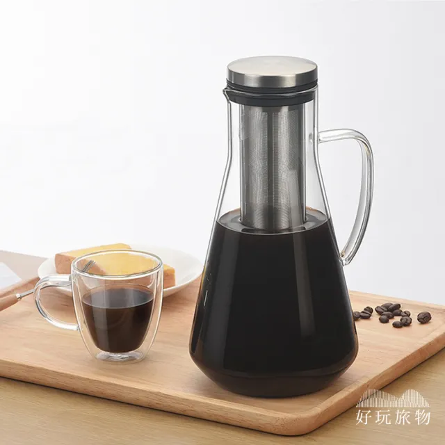 【好玩旅物】大容量不銹鋼濾網刻度玻璃冷萃咖啡壺1600ml(冰釀 冷泡壺 冷熱水壺 茶壺)