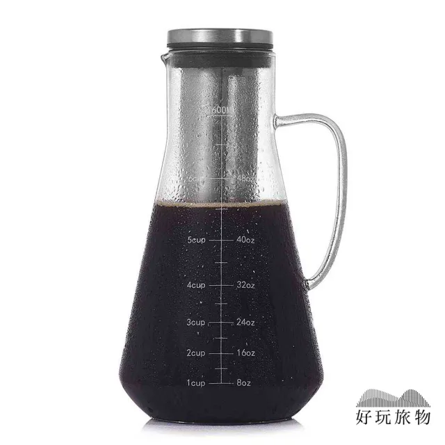 【好玩旅物】大容量不銹鋼濾網刻度玻璃冷萃咖啡壺1600ml(冰釀 冷泡壺 冷熱水壺 茶壺)