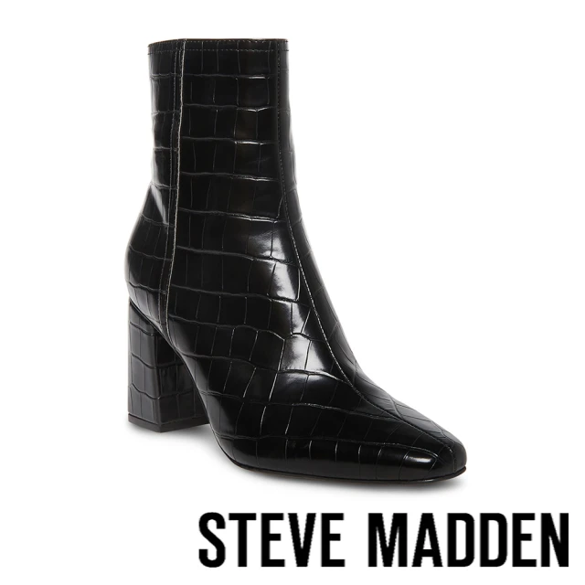 【STEVE MADDEN】DIVINE 蛇紋拉鍊粗高跟短靴(黑色)