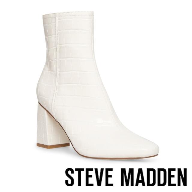 【steve madden】DIVINE 蛇紋拉鍊粗高跟短靴(米白色)