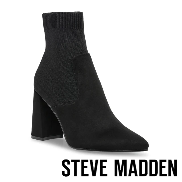 steve madden RAMP UP 絨面尖頭粗跟襪套靴(絨黑色)