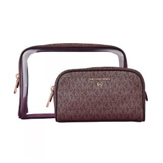 【Michael Kors】MK MICHAEL KORS JET SET 金字LOGO印花X透明PVC拉鍊子母化妝包(深棕)