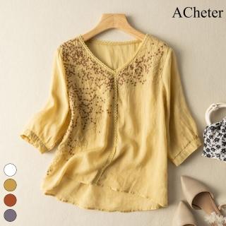 【ACheter】碎花刺繡純色寬鬆棉麻涼爽五分袖上衣#113251現貨+預購(4色)