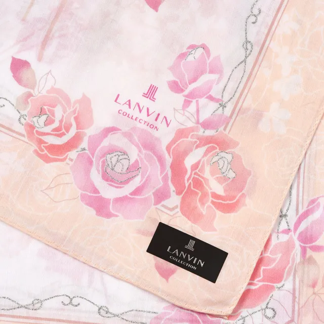 【LANVIN 浪凡】高雅燙銀玫瑰浪漫花草剪影LOGO純綿帕巾(粉杏色)