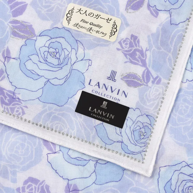 【LANVIN 浪凡】燙銀藍色玫瑰浪漫花園純綿帕巾(粉藍紫色)