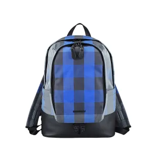 【BURBERRY 巴寶莉】大號格紋帆布皮革鑲飾後背包(藍)