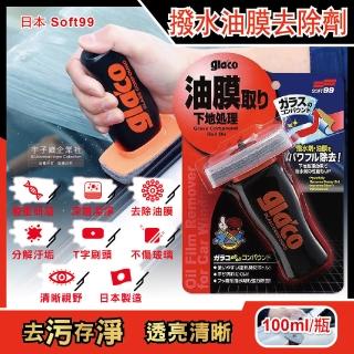 【日本Soft99】T字型刷頭雙重研磨除垢透亮汽車玻璃撥水油膜去除劑C275(100ml/瓶 防炫光雨刷不跳)