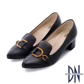 【DN】跟鞋 MIT素面刷舊金屬飾釦真皮粗跟鞋(黑)