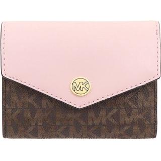 【Michael Kors】JET SET TRAVEL粉x深咖啡PVC滿版LOGO 6卡零錢袋三折短夾